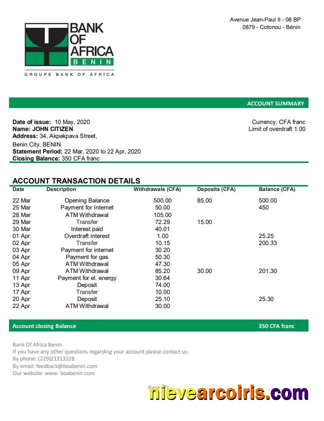 Benin Bank of Africa bank statement